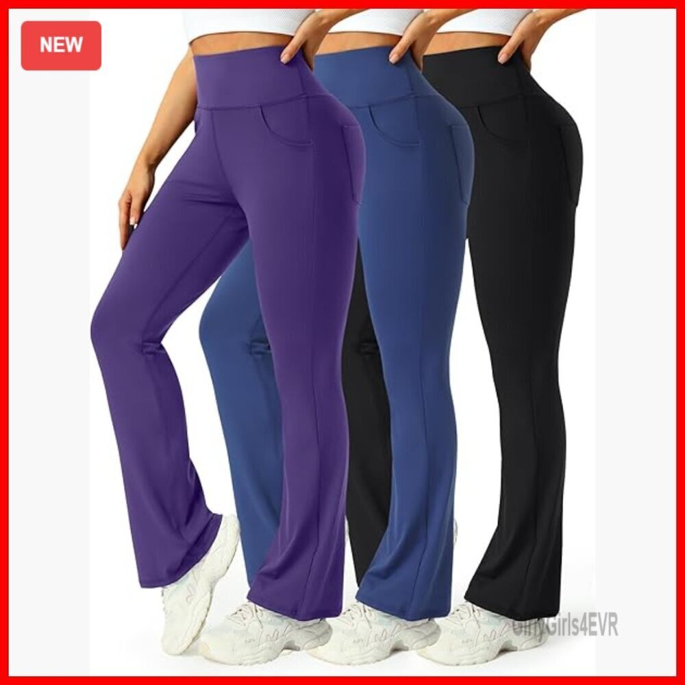High Waist Flare Yoga Pants with Pockets - 3 Pack